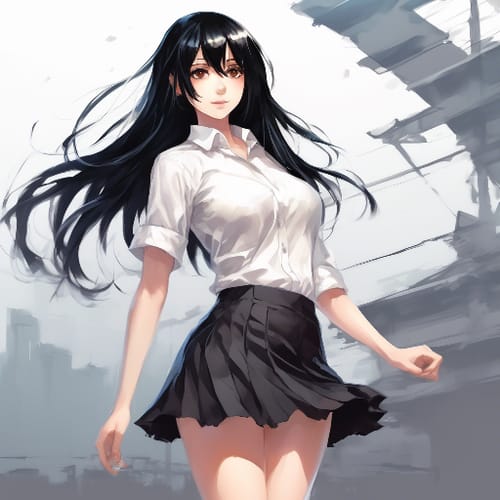 girl with black hair, wearing short skirt and white shirt