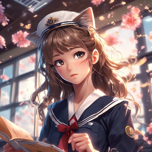 (masterpiece), (anime style), shot from below, award winning, close up, centered, Instagram able, looking toward camera, dynamic pose, cat girl, studying, sailor uniform, flowery headband, long wavy hair, classroom interior, dynamic lighting, depth of field, ultra detailed, (epic composition, epic proportion), 2D illustration, professional work, Makoto Shinkai, trending on pixiv