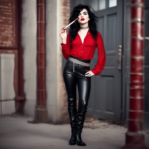 a sexy caucasian 19 year old woman with short messy black hair, grey eyes and red lips, wearing a loose red blouse, thin silver chain belt, thight black leather pants with black leather knee high boots with 6 inch heels, smoking a cigar