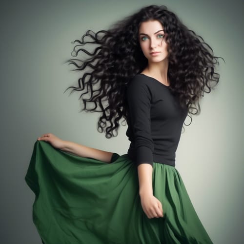 a sexy caucasian girl with green eyes and curly long black hair in a skirt AND MAKE IT VERY REALISTIC