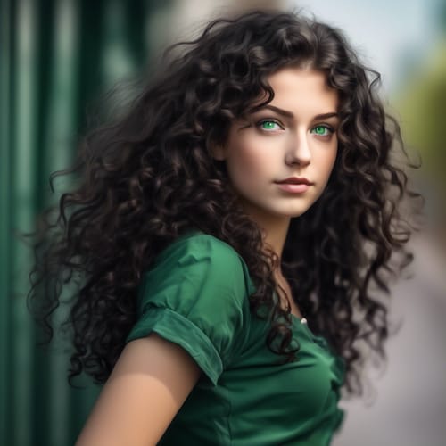 a sexy caucasian girl with green eyes and curly long black hair in a skirt AND MAKE IT VERY REALISTIC