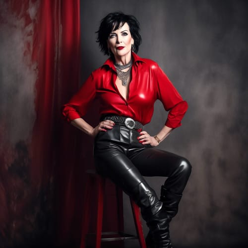 a sexy caucasian 45 year old woman with short messy black hair, grey eyes and red lips, wearing a loose red blouse, thin silver chain belt, thight black leather pants with black leather knee high boots with 6 inch heels, smoking a cigar