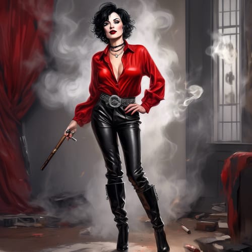 a sexy caucasian 45 year old woman with short messy black hair, grey eyes and red lips, wearing a loose red blouse, thin silver chain belt, thight black leather pants with black leather knee high boots with 6 inch heels, smoking a cigar