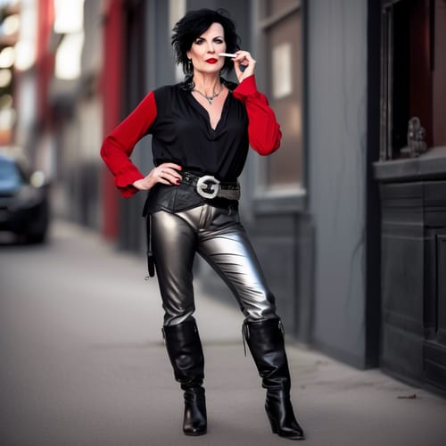 a sexy caucasian 45 year old woman with short messy black hair, grey eyes and red lips, wearing a loose red blouse, thin silver chain belt, thight black leather pants with black leather knee high boots with 6 inch heels, smoking a cigar