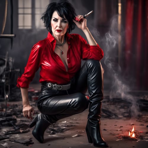 a sexy caucasian 50 year old woman with short messy black hair, grey eyes and red lips, wearing a loose red blouse, thin silver chain belt, thight black leather pants with black leather knee high boots with 6 inch heels, smoking a cigar