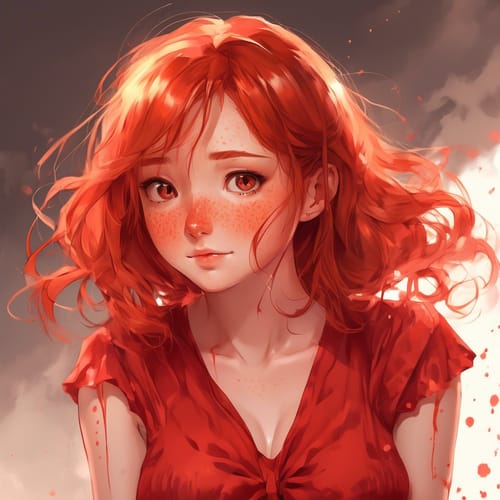 sexy lady with freckled boobs blushing face in a scarlet red dress with dirty ginger hair
