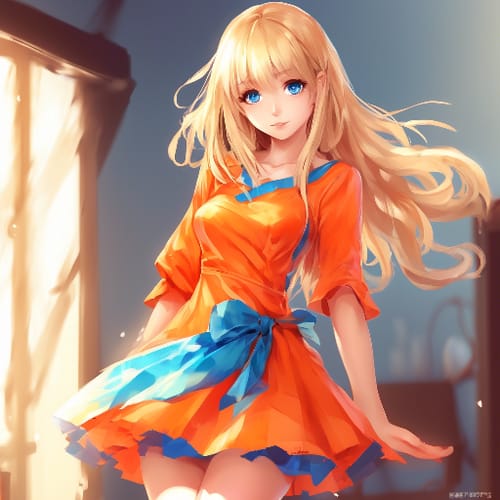 small chest, blonde, blue eyes, wearing a bright orange mini dress
