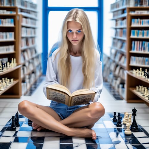 tall anorexic barefoot German woman with flat breasts, very long fingers and toes, skinny legs, bright blue eyes, and long blonde hair, with a slight smile, wearing small white shorts and a blue and white sweatshirt and reading a chess book in a white public library with blue and white marble chessboard on table, large windows and beach and ocean in background. Show thin body, skinny legs, long feet, long toes.